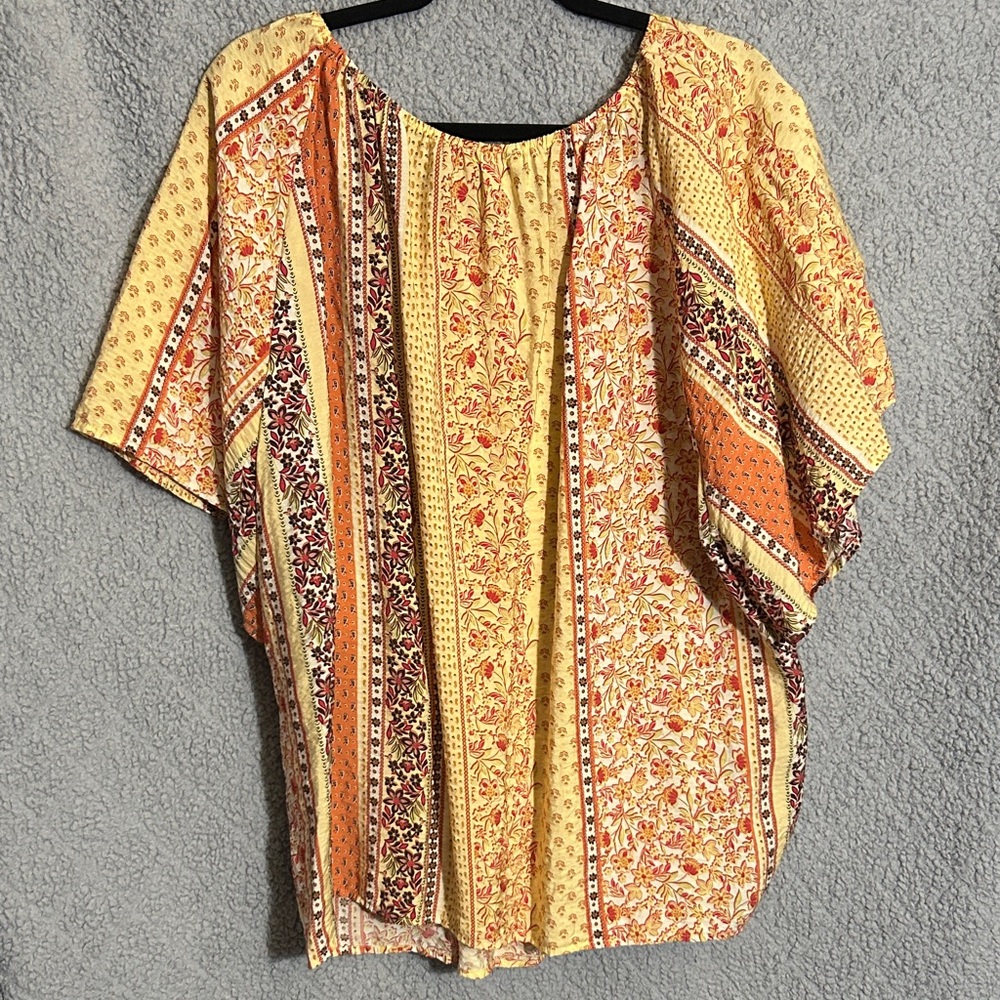 Boho Stripe Tie-Neck Peasant Top - Yellow & Orange - Picture 3 of 4